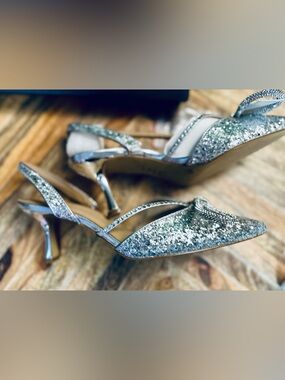 Formal PROM wedding evening Shoe NIB sz 6 slingback silver glitter & rhinestones